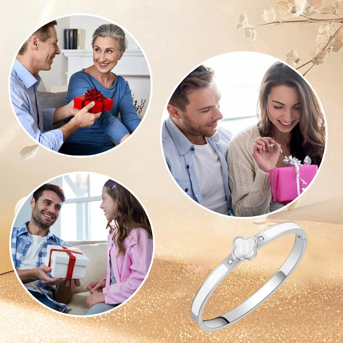 KYJAC 18k Gold Plated Stainless Steel Four Leaf Clover Bracelet for Women - Non-Tarnish, Precision Polished Chunky Oval Bangle in Black, White, Pink, Red Clover Bangle(Silver White Bangle)