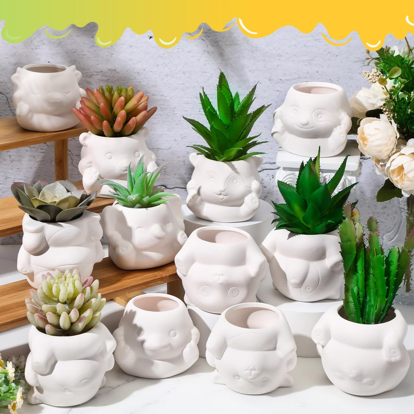Chuangdi 12 Sets Ceramics to Paint 12 Style DIY Ceramic Succulent Planter Pots Unpainted Bisque Flower Pots Paintable Craft with Drainage Hole, Paints, Brushes, Palettes