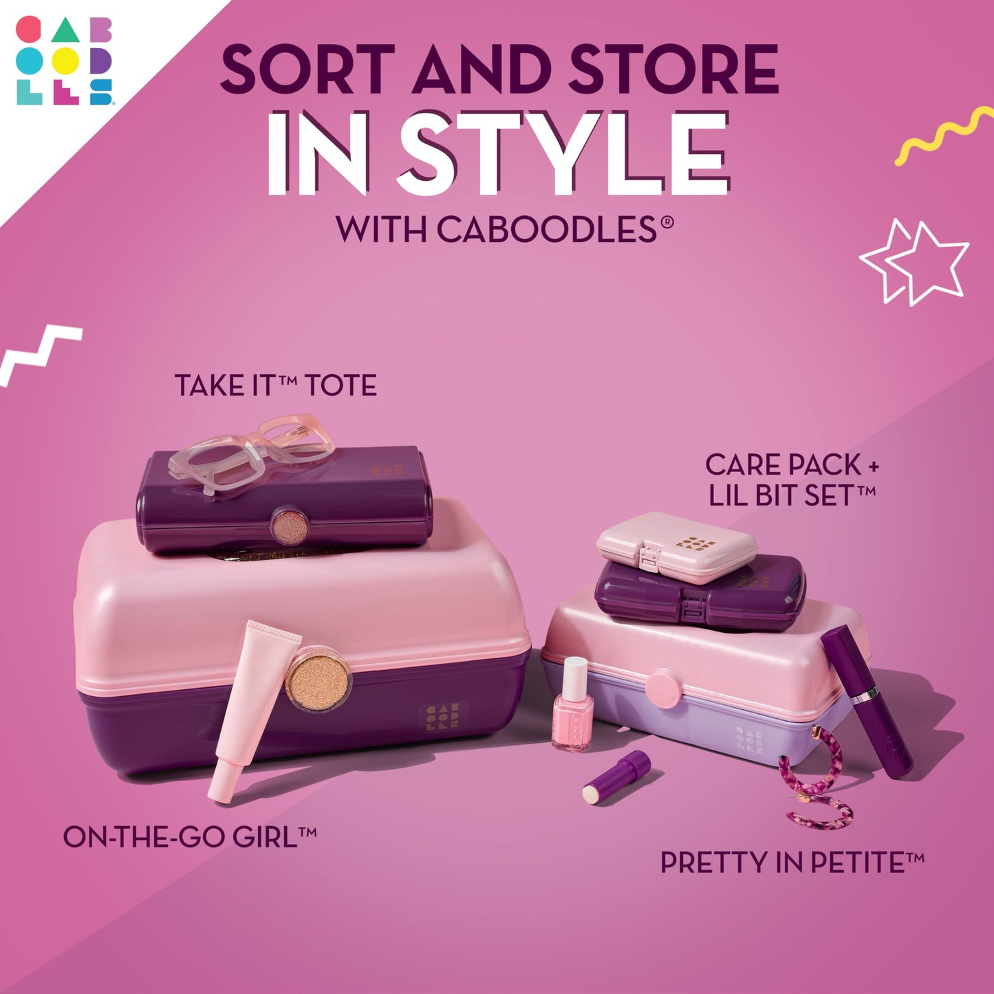 Caboodles Care Pack + Lil Bit Set, Pink & Violet, Travel Organizers for Makeup, Snap-Tight Latch for Mess-Free Travel, Compact Size