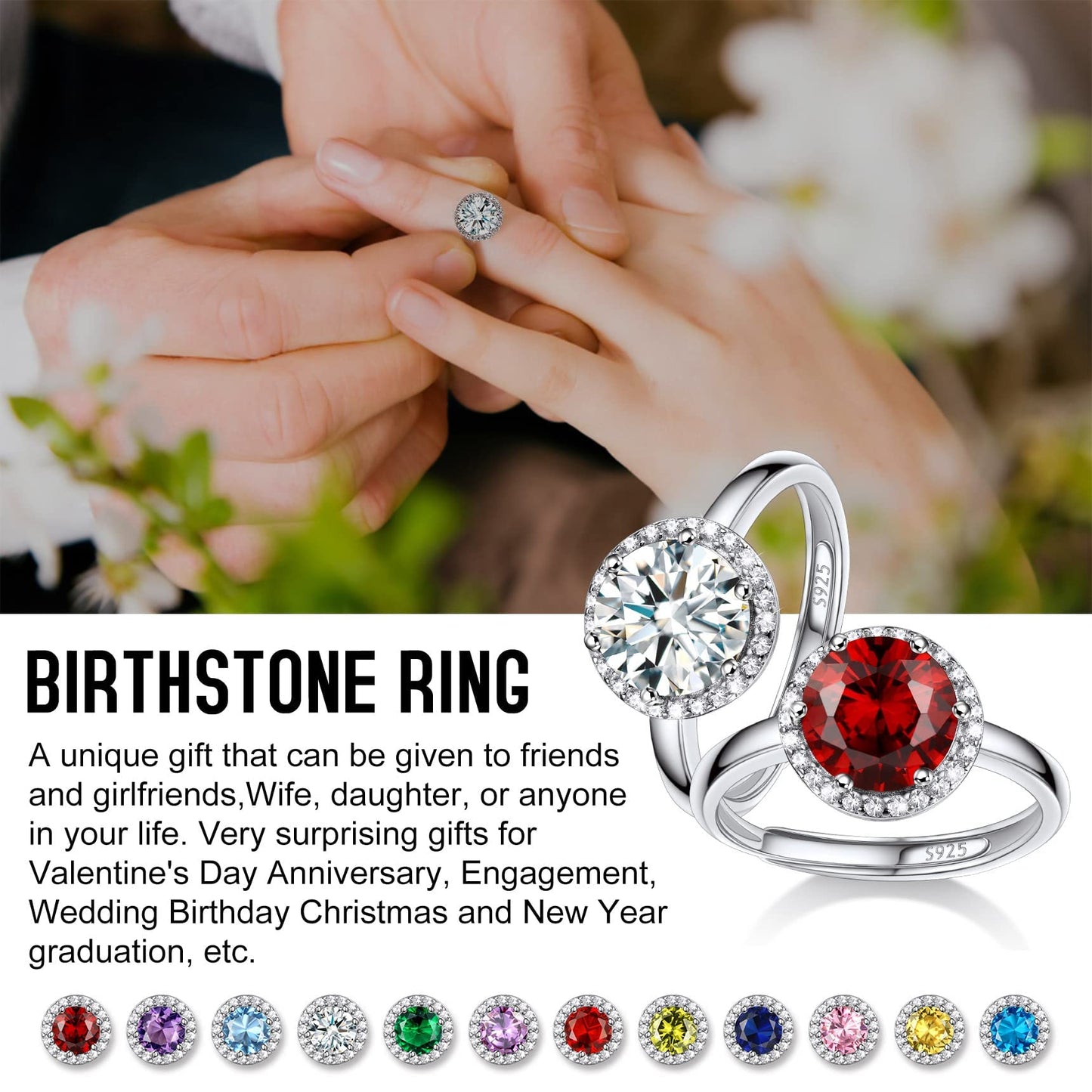 Bestyle 925 Sterling Silver Round Cut Gemstone Cubic Zirconia Rings for Women, April White Diamond Rings, Statement and Promise Ring for Engagement/Wedding/Anniversary/Valentines Day