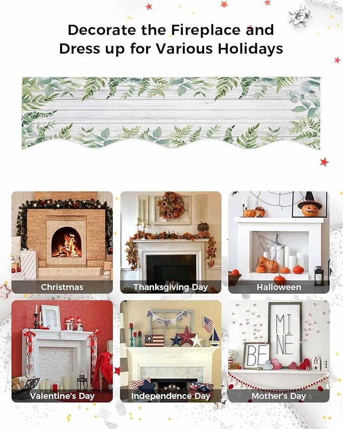 Eucalyptus Leaves Fireplace Mantel Scarf Table Runner, Summer Pastoral Botanical Gray Wooden Winter Garland Mantel Top Tablerunners Dresser Scarves Decorations for Windows Party Living Room 60''x17''