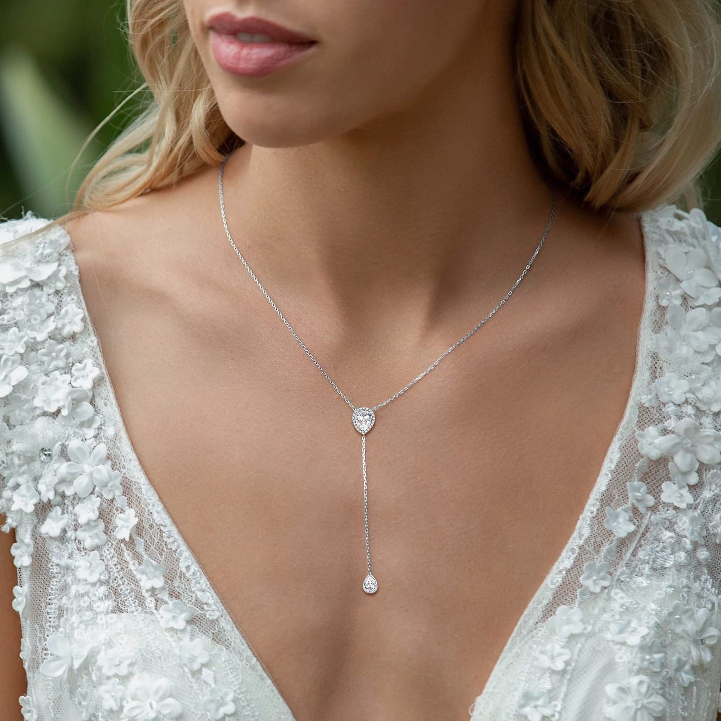 FOCALOOK 925 Sterling Silver CZ Teardrop Lariat Necklace 16"-18" Y Drop Adjustable Birthstone Necklaces for Women
