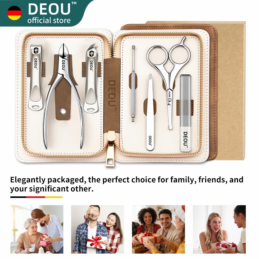 DEOU Premium Manicure Set 8 in 1, 420J2 Stainless Steel Pedicure Kit with Luxury Leather Case, Professional Grooming Tools for Travel & Home, (Brown)