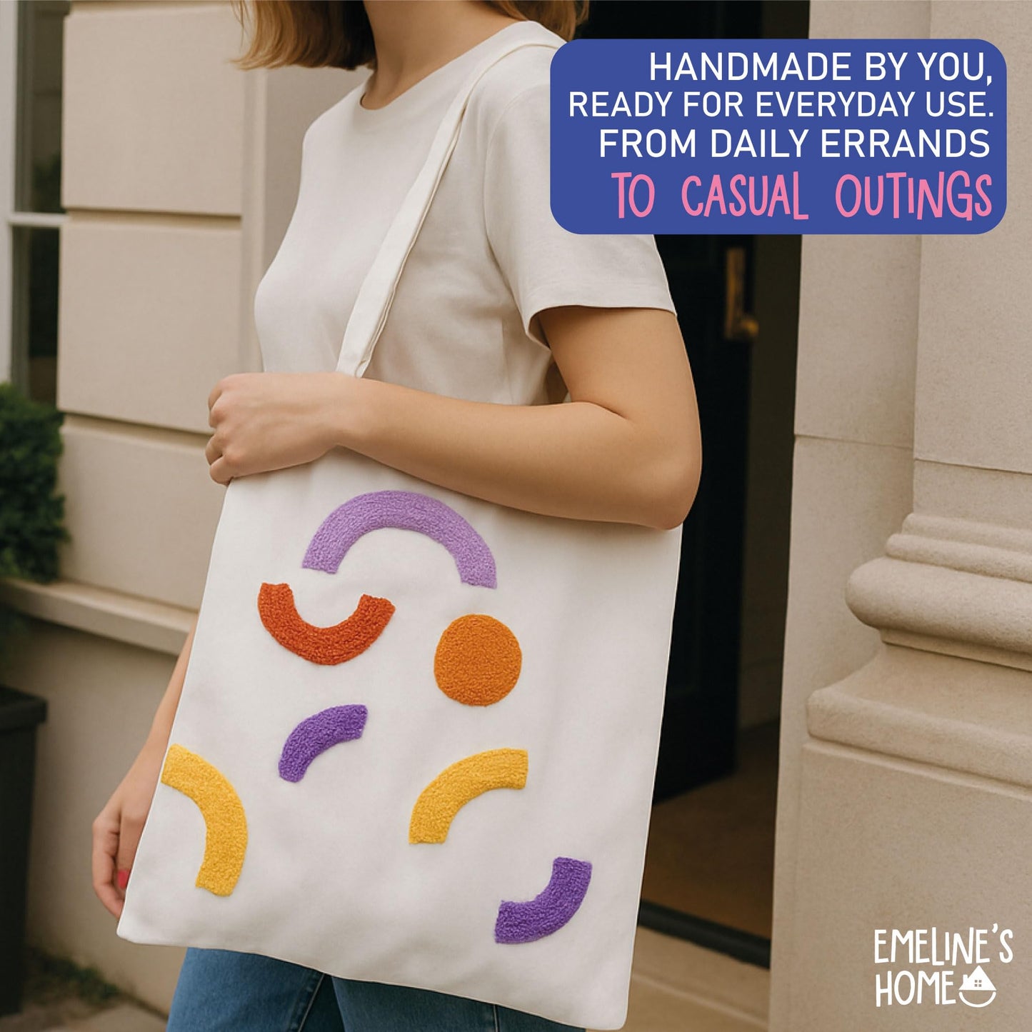 EMELINE'S HOME DIY Stitching Tote Bag Reusable - Punch Needle Kit - Punch Needle Kits Adults Beginner - Includes Printed Tote Bag, Tools, Yarn, Instructions and Video Tutorial