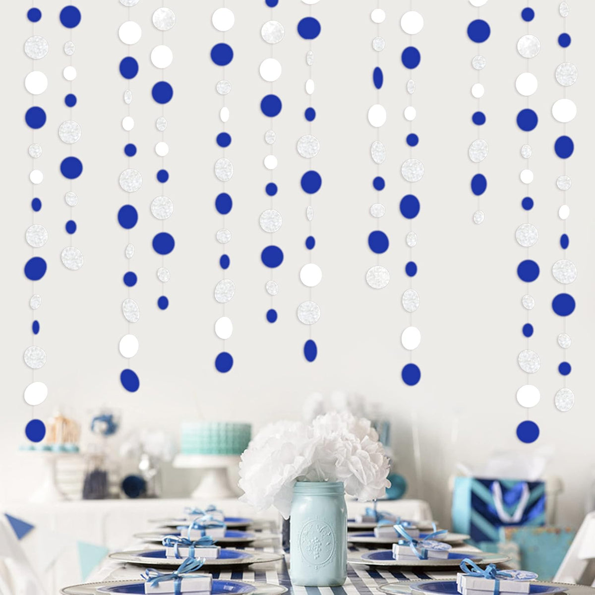 46 Feet Navy Blue White and Silver Circle Dots Garland Royal Blue Hanging Paper Polka Dots Streamer for Birthday Wedding Bridal Baby Shower Nautical Ahoy Achor Pirate Theme Party Decorations Supplies