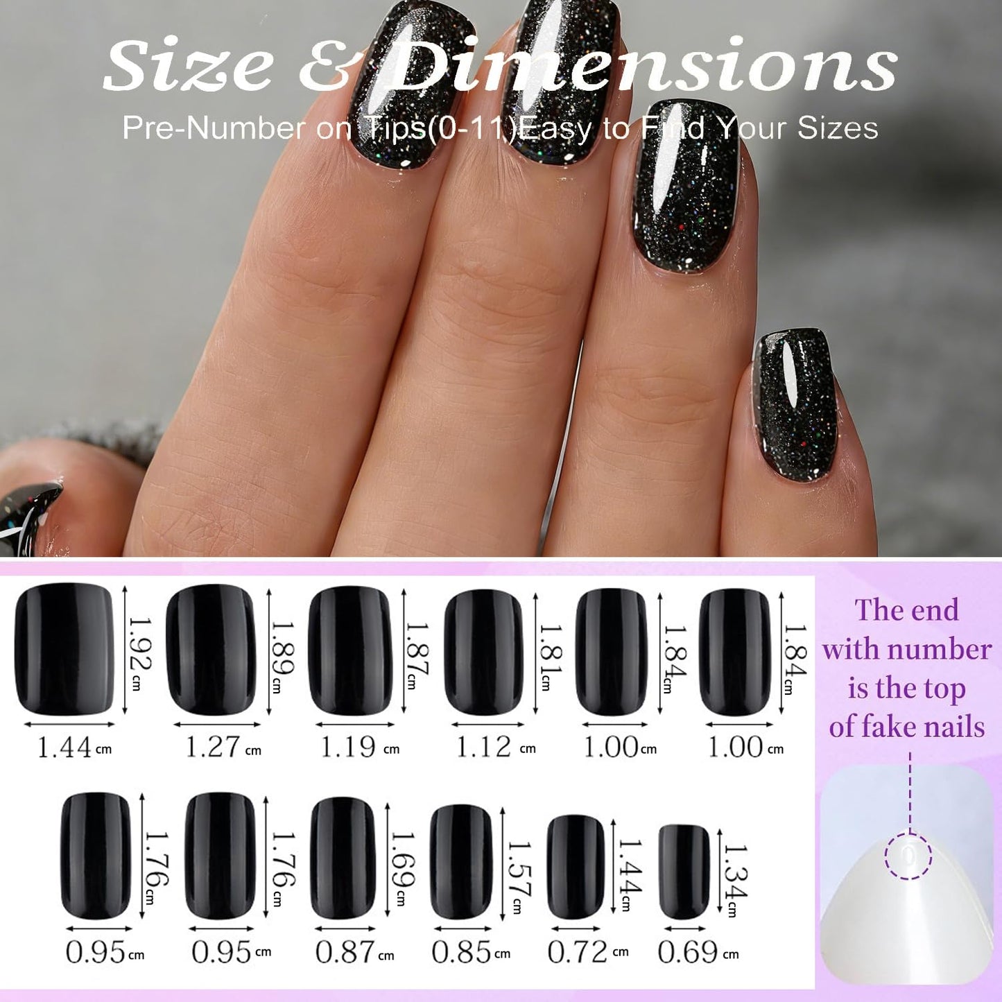 Black Press On Nails Square Glitter -Short Press On Nails with Nail Glue, Fit Perfectly & Natural Reusable Stick On Nails in 12 Sizes - 24PCS Soft Gel Glue On Nails Kit