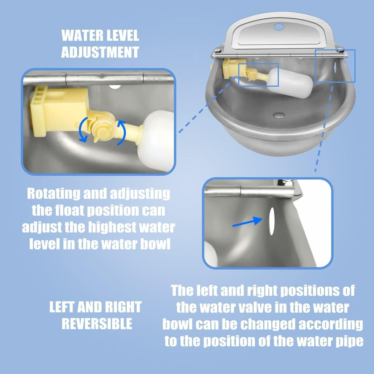 Ademon Automatic Animal Drinking Water Bowl with Float Valve, Standard Pipe,3L Stainless Steel Waterer Feeder Farm Dog Dispenser Kit Self Filling for Livestock Horse Goat Water Trough