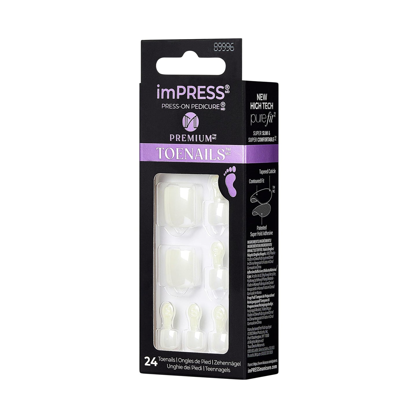 KISS imPRESS Premium No Glue Pedi Press-On Toenails, Sparkling White, Pearl, Squoval Shape, Includes 24 Nails, Prep Pad, 1 Manicure Stick, 1 Mini File