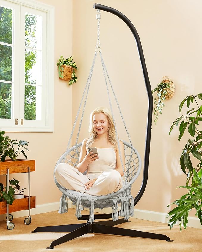 Greenstell Hammock Chair, Macrame Swing Chair with Comfy Cushion, Boho Hanging Chair for Outdoor & Indoor, Perfect for Bedroom, Patio, Balcony, Hold up to 330Lbs, Grey