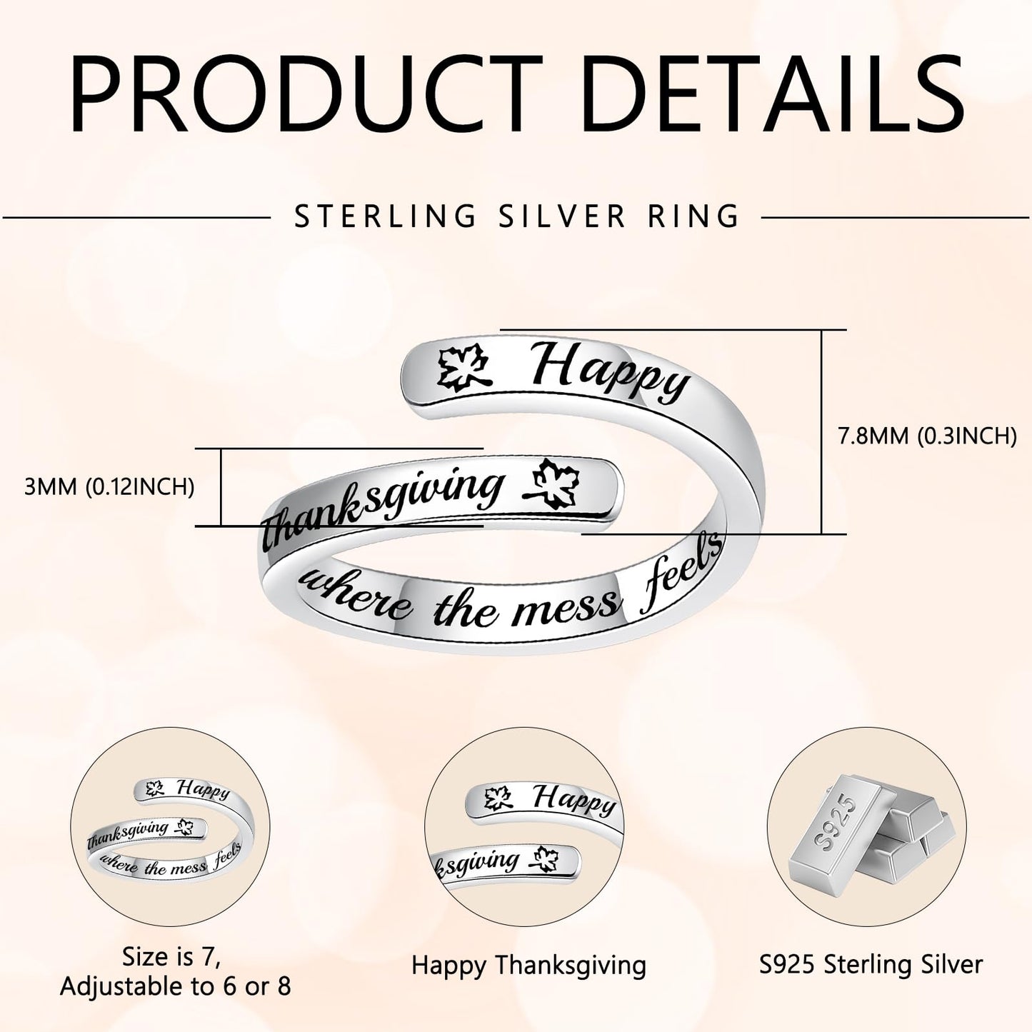 JXJL S925 Sterling Silver Inspirational Jewelry Rings Adjustable Ring Personality Encouragement Gift for Teens Women