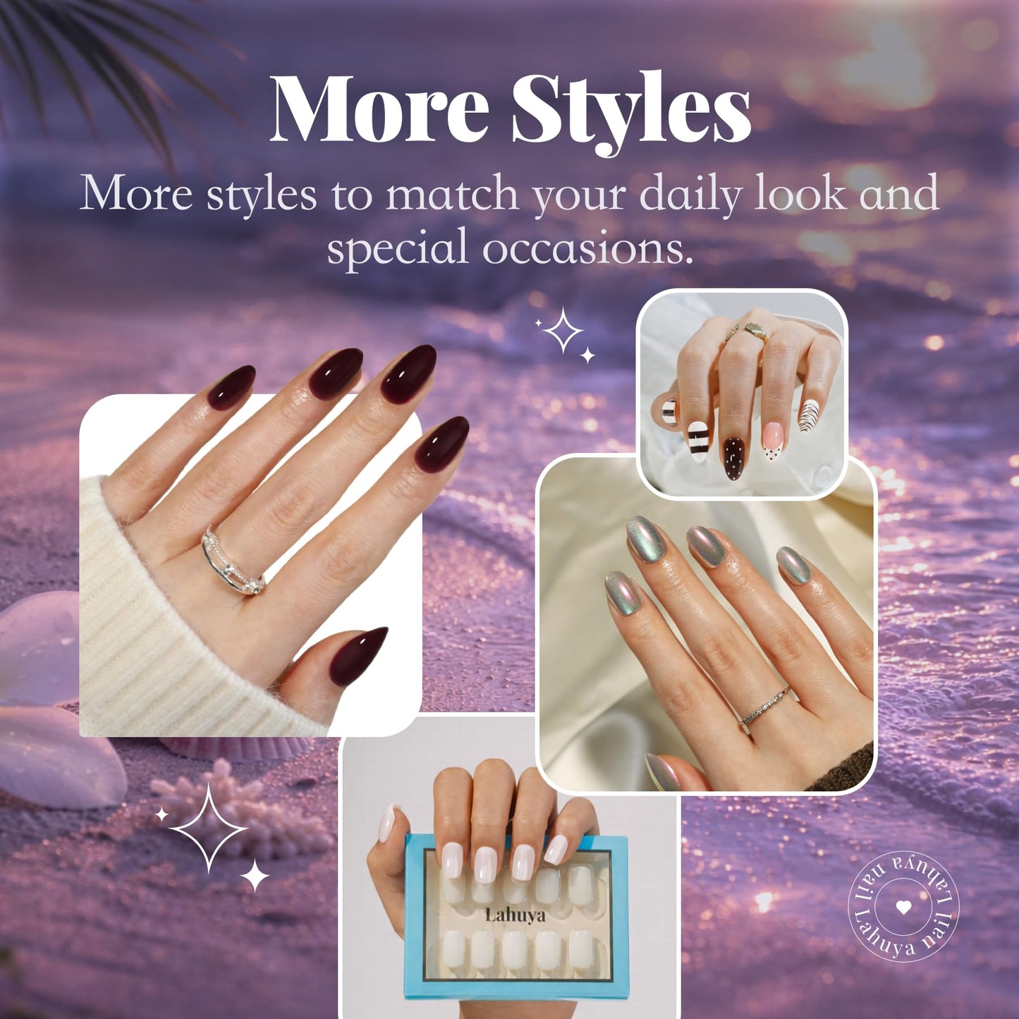 Lahuya Press On Nails – Celestial Charm | Designer-Created Short Almond Nude Pink Fake Nails with Colorful Rhinestones, Moon & Sunburst Accents, Glossy Finish | 30 Nails
