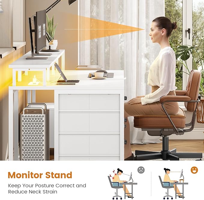 SEDETA White Computer Desk with 5 Drawer & Power Outlet, 75'' Home Office Desk with File Drawer, Storage Shelves, Printer Cabinet and Monitor Shelf, Gaming Desk with Led Lights, 23.6" W Desktop
