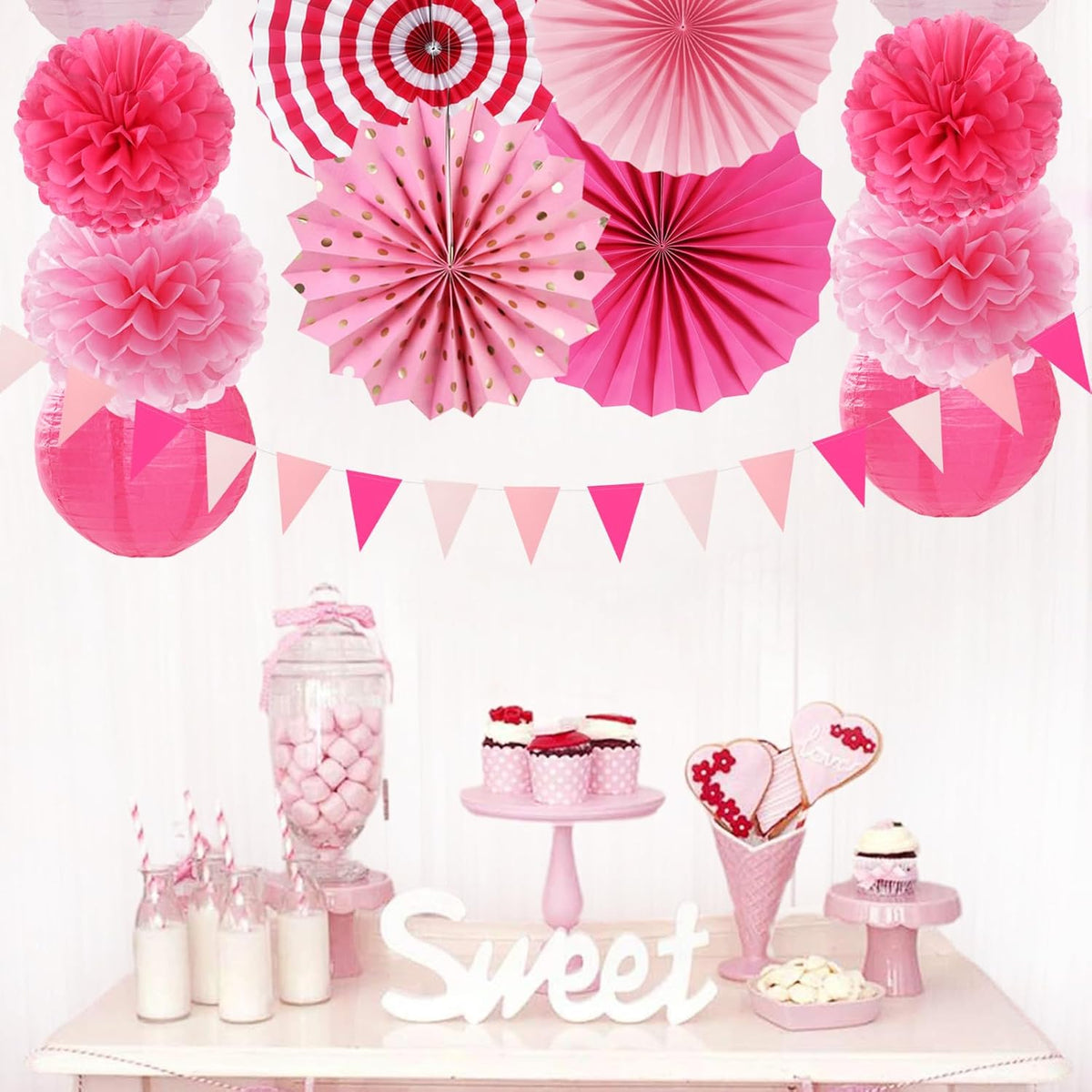 Rose Hot-Pink Party Decorations - 20pcs Paper Lanterns Fans,Tissue Pom Poms,Honeycomb Balls,Bunting,Birthday Wedding Bachelorette Baby Shower Bridal Graduation Engagement Decor Burgleda