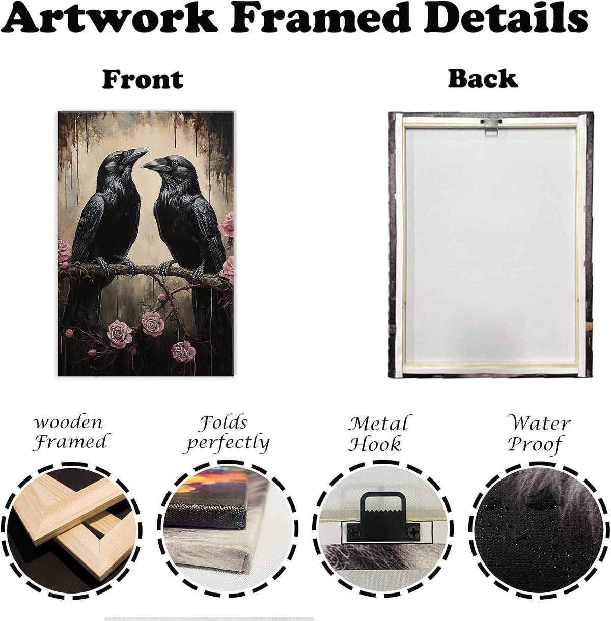 OAAPITI Crow Canvas Wall Art Black Raven Picture Print Pink Rose Poster Vintage Gothic Painting Artwork for Living Room Halloween Decor(Artwork-6,20"x30")