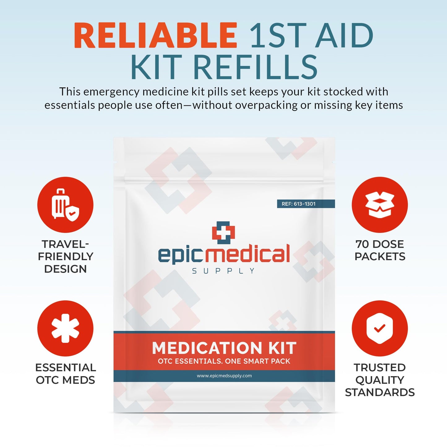 Epic Medical Supply First Aid Kit Medication Refill – 70-Count Unit Dose Packets – Emergency Medicine Kit Pills for 1st Aid Kit Refills, Travel, Office, Dorm, Camping – Assembled in USA (70 Pieces)