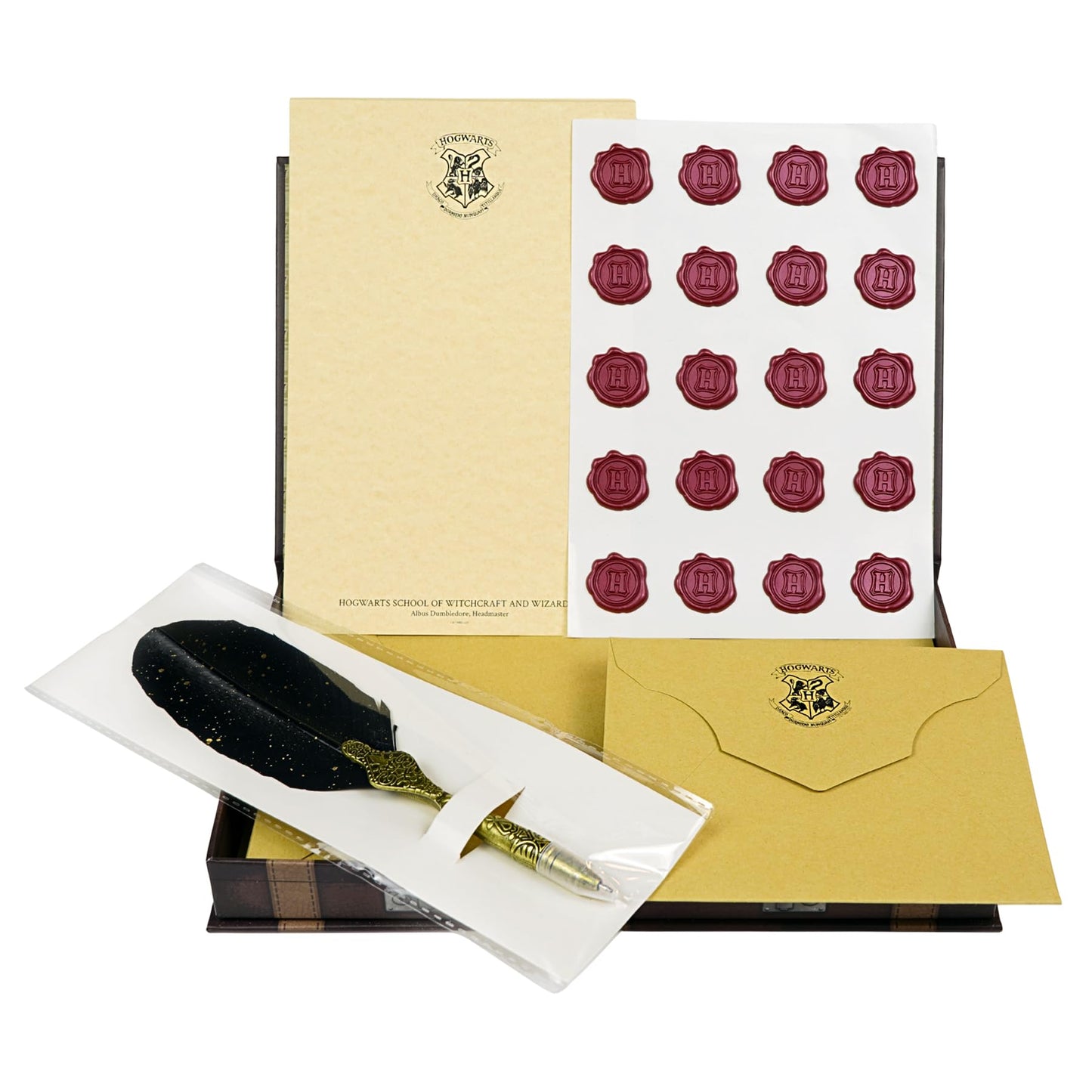 Conquest Journals Harry Potter Boxed Stationery Set, 20 Hogwarts Letterhead Stationery, 20 Corresponding Envelopes, 20 Wax Seals, Keepsake Travel Trunk Box, Feather Ballpoint Pen, Officially Licensed