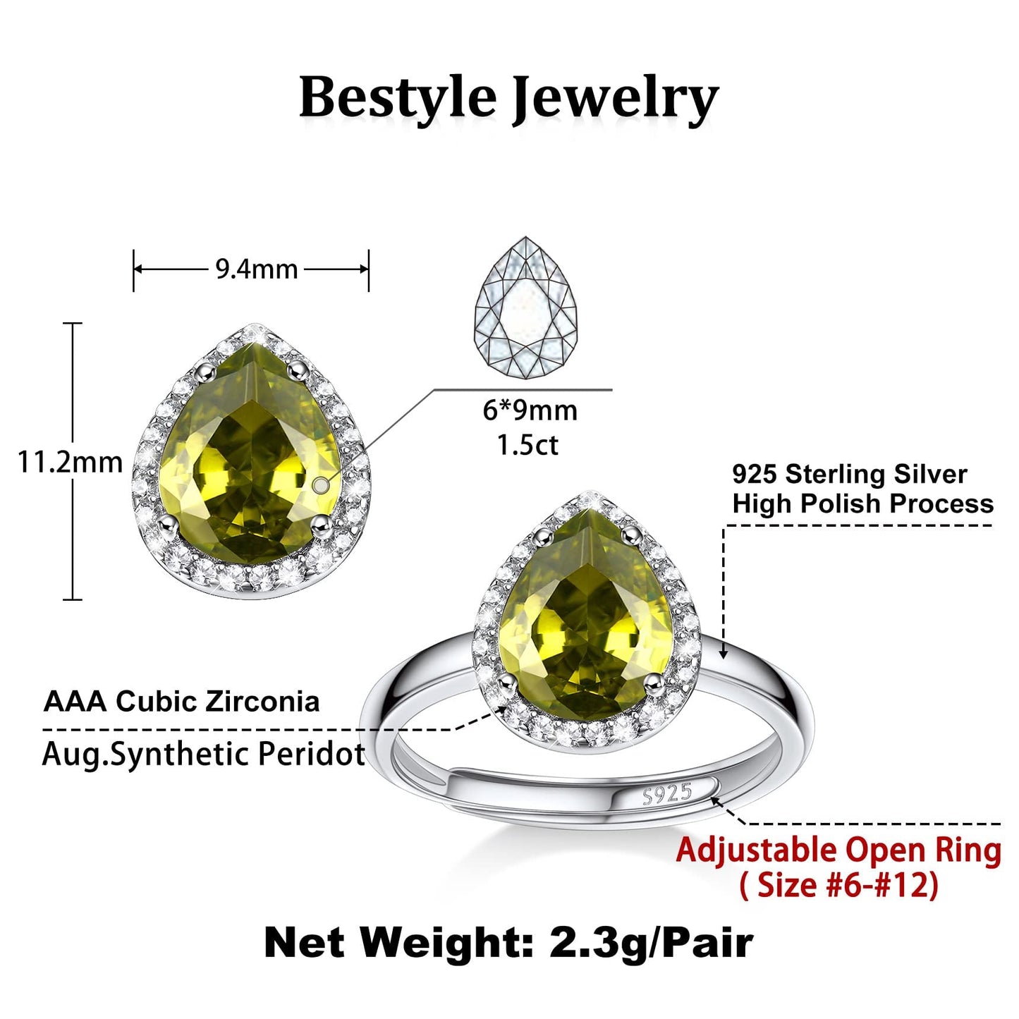 Bestyle 925 Sterling Silver Infinite Birthstone Rings August Teardrop Peridot Crystal Rings, Dainty Love Statement Rings Adjustable, Minimalist Gift on Birthday/Valentines/Thanksgiving/Christmas
