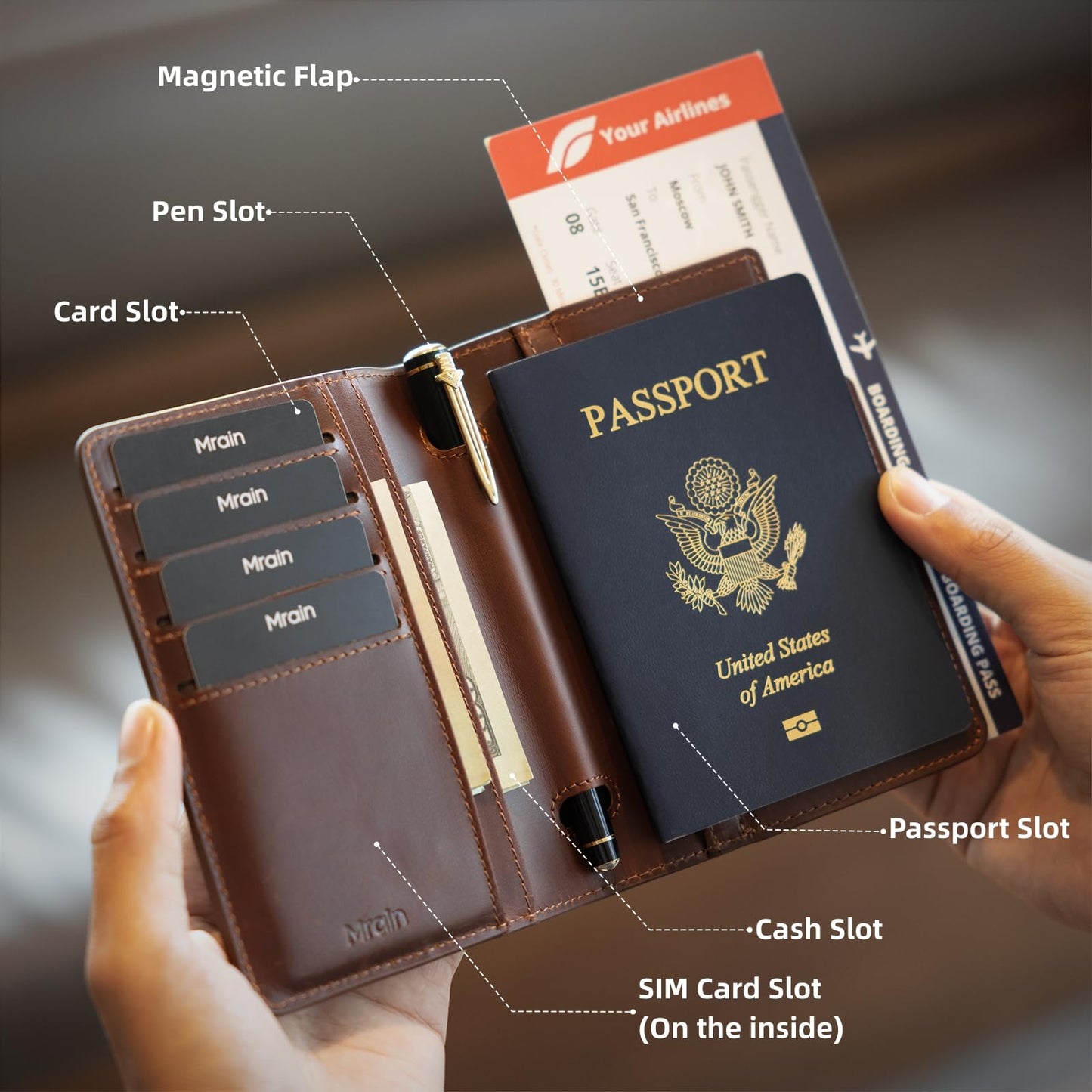 Mrain Luxury RFID Blocking Genuine Leather Passport Holder Passport Wallet for Travel Dark Brown