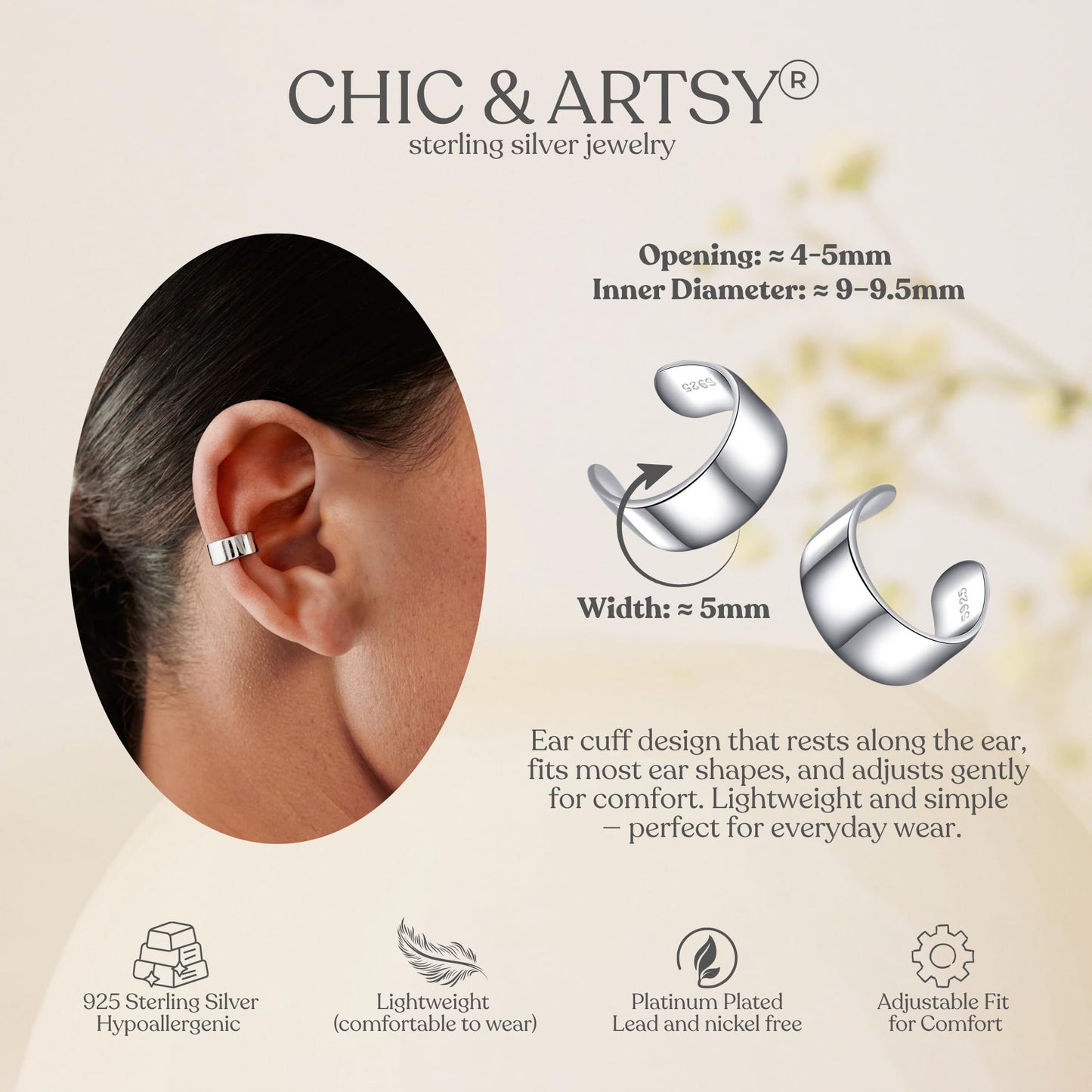 CHIC & ARTSY Ear Cuffs 925 Sterling Silver Conch Ear Cuff for Women Adjustable Non Piercing Helix Ear Cuff Earrings