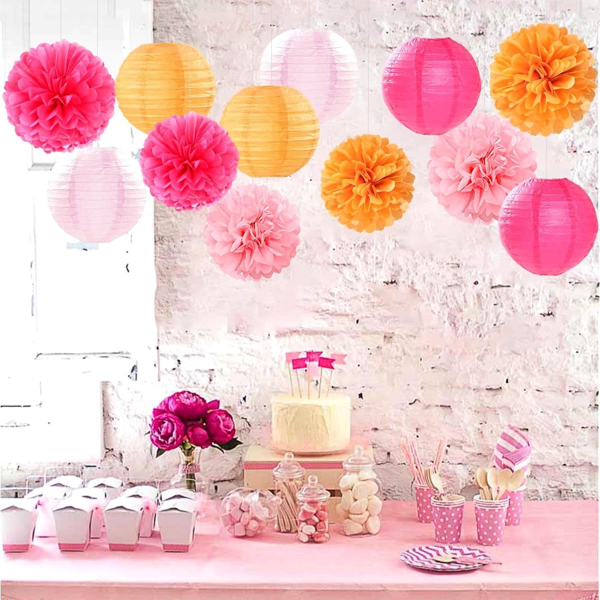 Hot-Pink Orange Fall Birthday Party-Decorations - 21pcs Autumn Women Peach Happy Banner,Girls Groovy Paper Streamers Lanterns Honeycomb,Tissue Flowers Pom Poms Fan, Boho Garland Room Decor