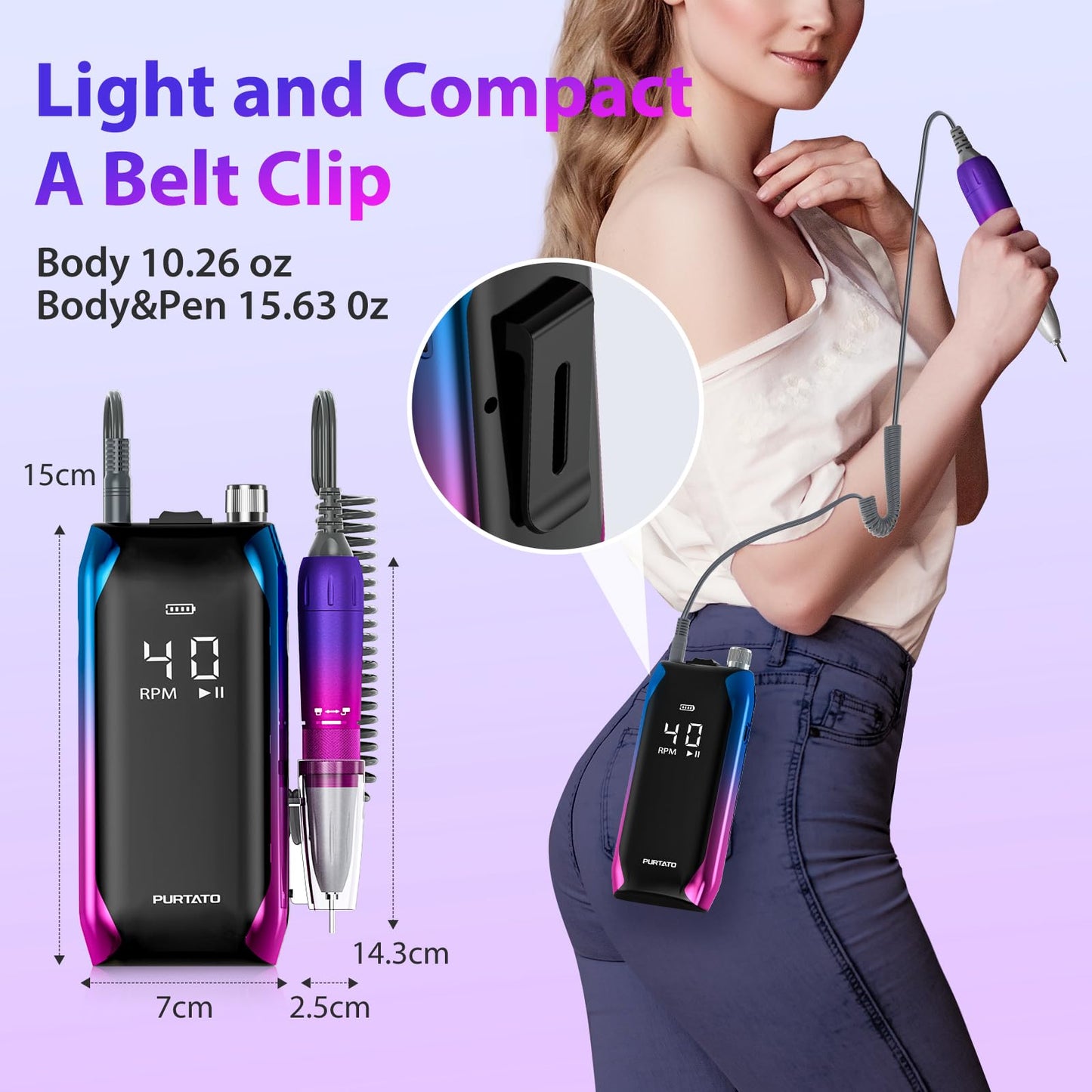 PURTATO Professional Nail Drill 40,000 RPM, Rechargeable,LCD Display E File Machine for Acrylic Nails Gel Polishing Removing Portable Nails Efile Tools for Manicure Salon & Home (Blue&Purple)