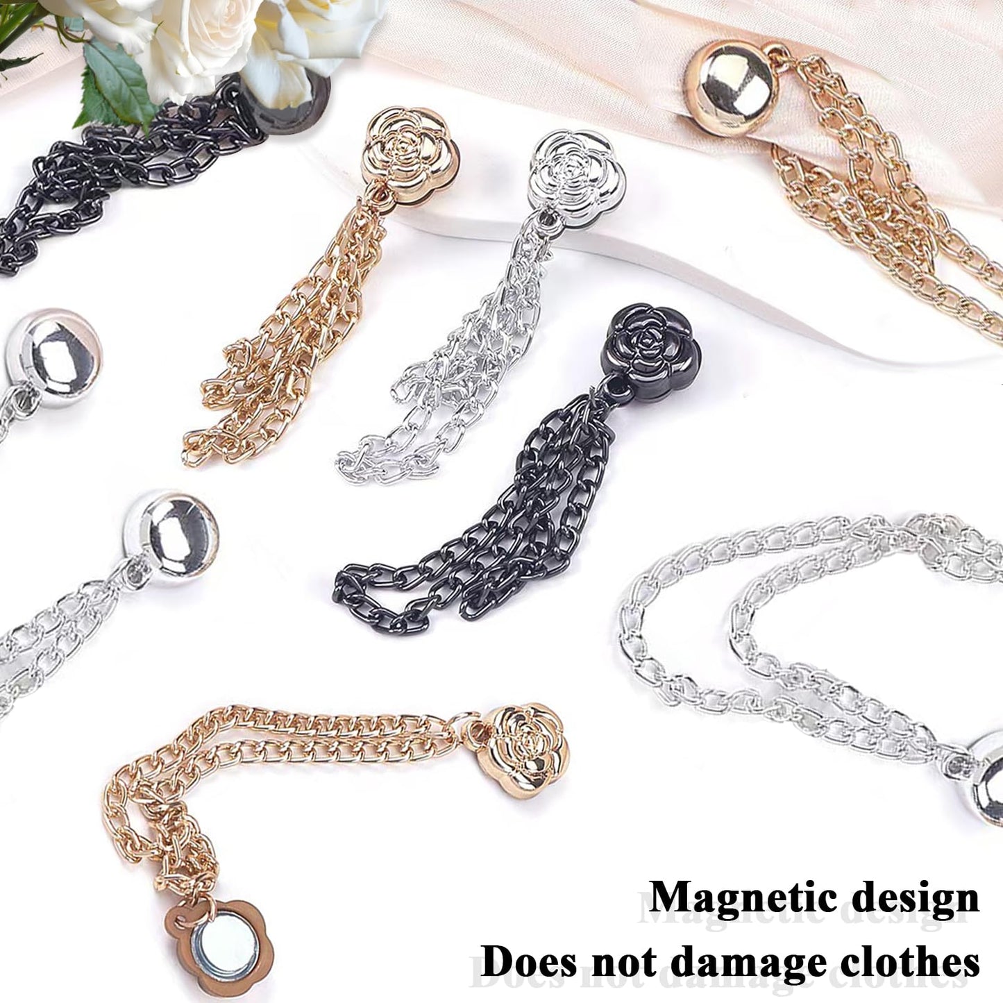 VYNFLICK Magnetic Clothing Clips: 12 Pcs Multi-Function Magnetic Shirt Clips with Chain for Women Clothes Sleeves Pants Hijabs Hats Scarfs
