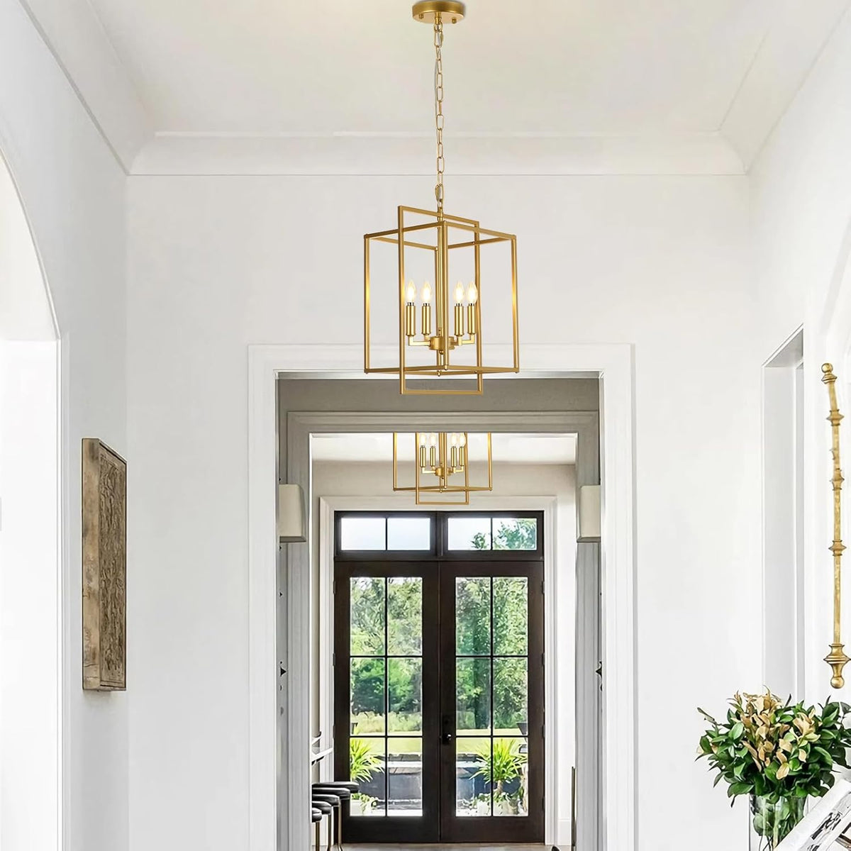 Farmhouse Gold Chandelier, 4-Light Vintage Chandeliers for Dining Room, Adjustable Modern Rustic Metal Hanging Pendant Light Fixture for Entryway Foyer Kitchen Island Hallway