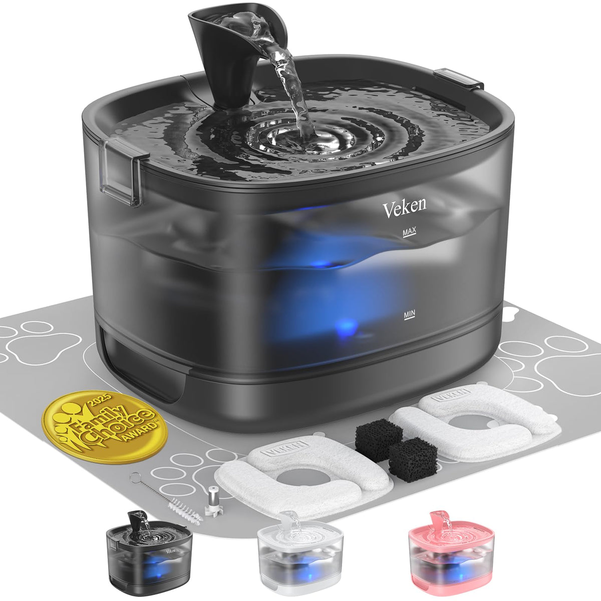 Veken 85oz/2.5L Cat Water Fountain with Detachable Tank for Cat, Dog, Red