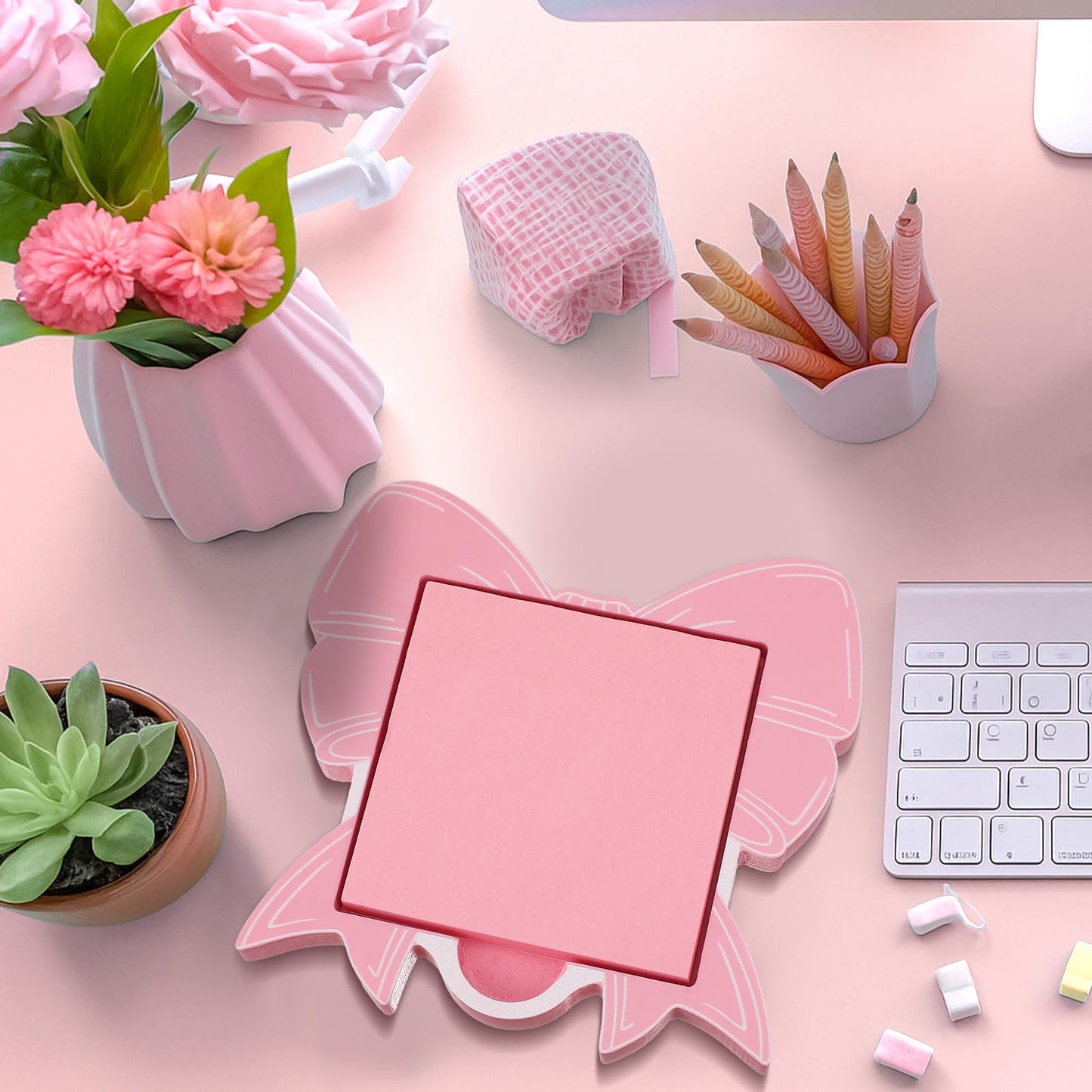 BrightRow Pink Bow Sticky Note Holder Large Wood Notepad Dispenser 3 x 3 Sticky Notes Organizer Cute Self Stick Memo Pad Holder for Desk Office Back to School Gift, No Pads Included