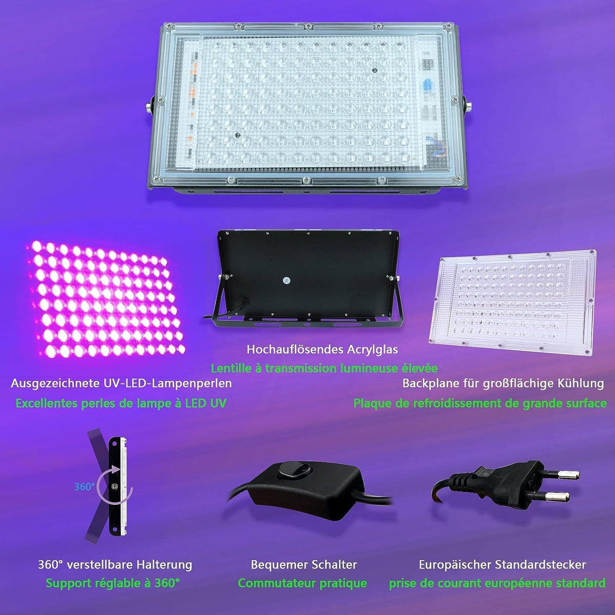 Glostars 100W LED UV Black Light, Powerful UV Spotlight, IP66, 395nm Lamp for Christmas, Halloween Glow Party (2 Packs)