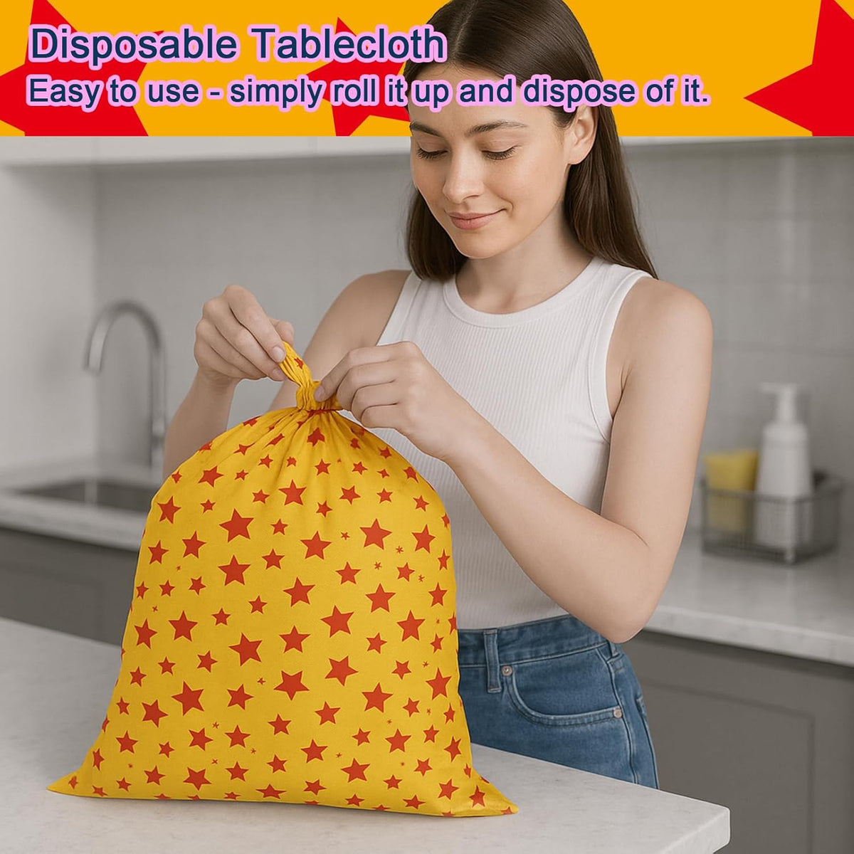iCius Anime Theme Tablecloths 3-Pack Yellow and Red Stars Print 108"x54" - Disposable Table Covers for Cosplay Birthdays, Vedio Game Themed Party Decor Supplies