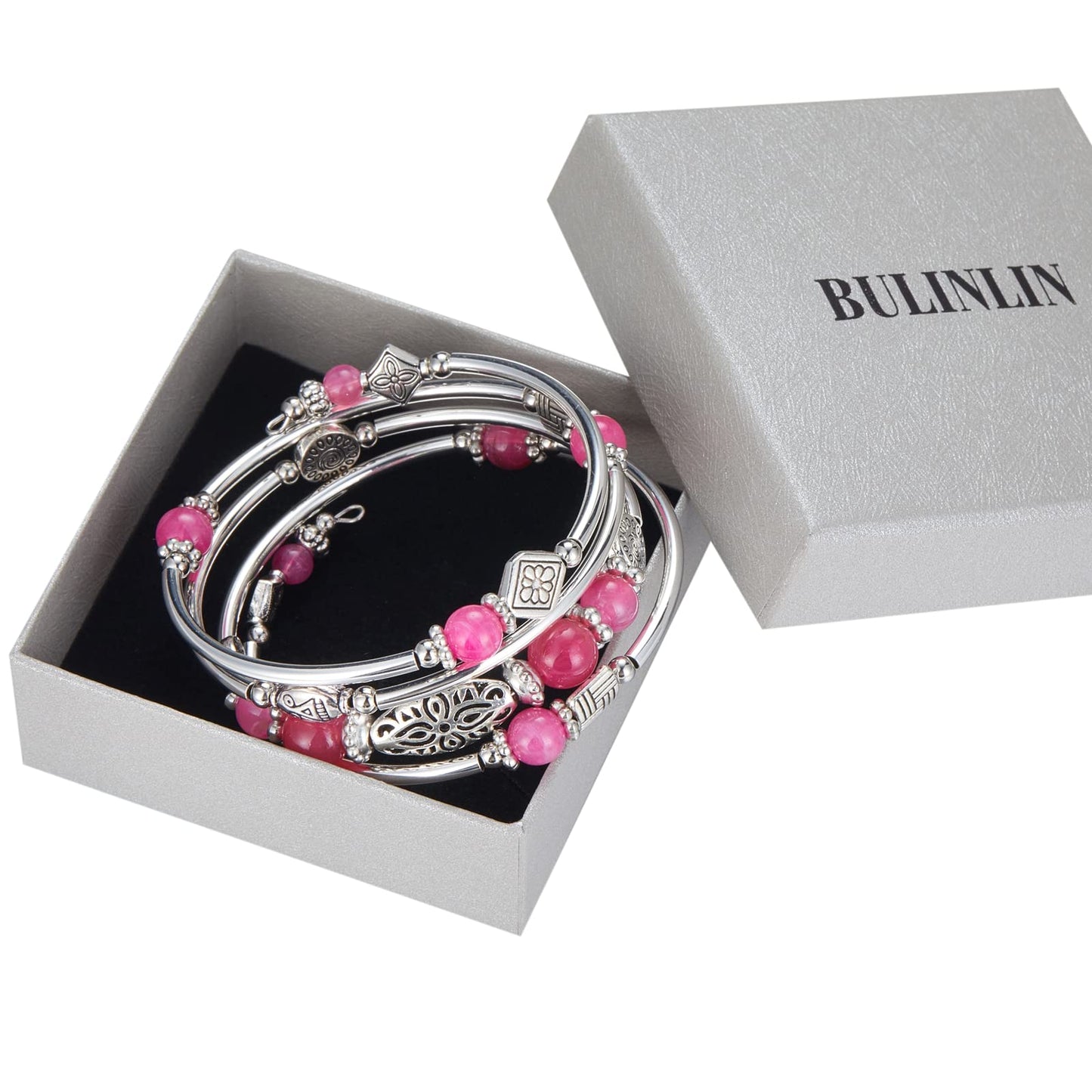 BULINLIN Layered Wrap Bangle Turquoise Bracelet - Bead Bracelet with Natural Agate Stone, Gifts For Women (03-Hot pink)