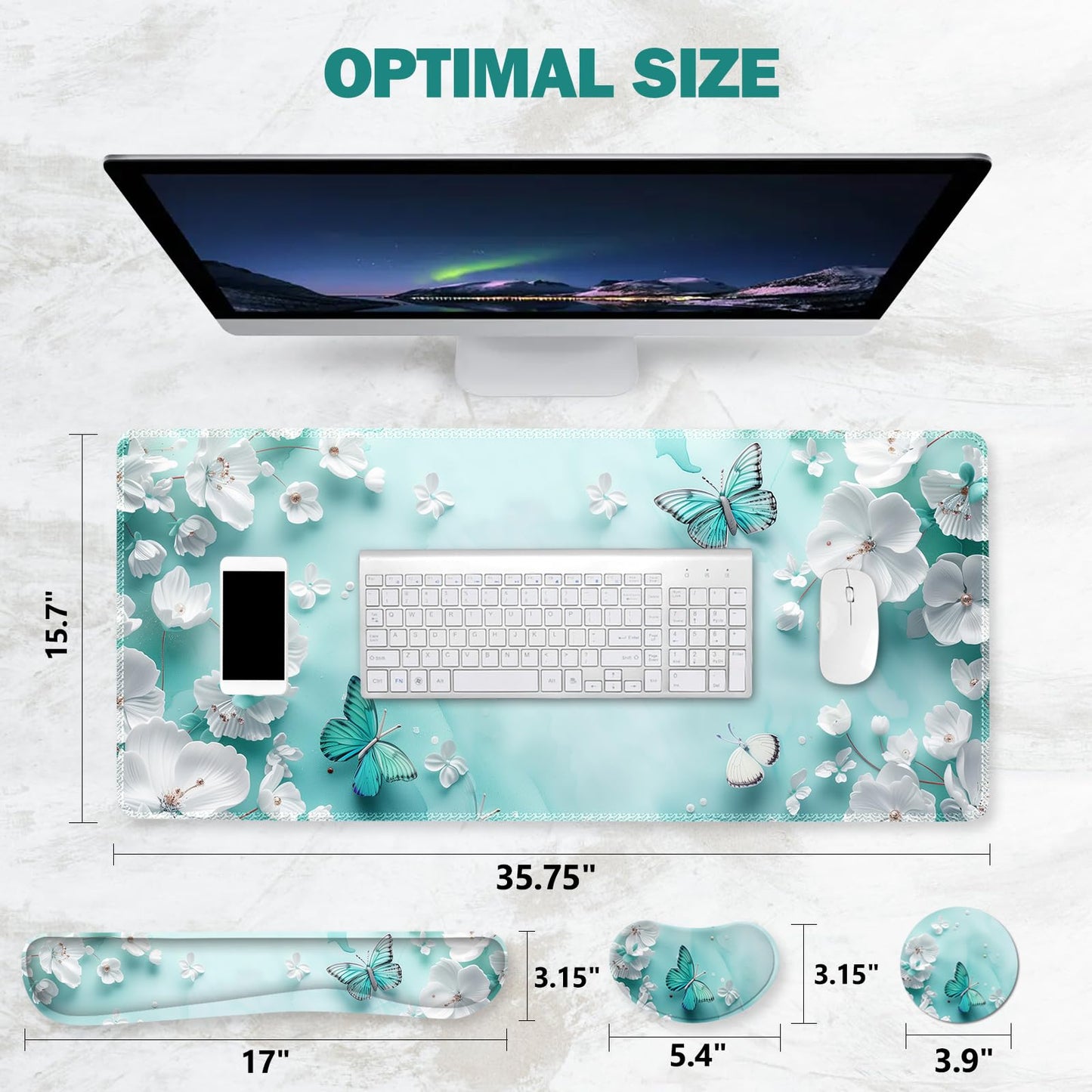 ToLuLu Large Mouse Pad Desk Pad Set, Wrist Rest Support Desk Mat for Keyboard and Mouse, 4PCS 35.4”x15.7 XXL Giant Mouse Pad, Non-Slip Base Stitched Edges Mousepad for Home Office, Teal Butterfly