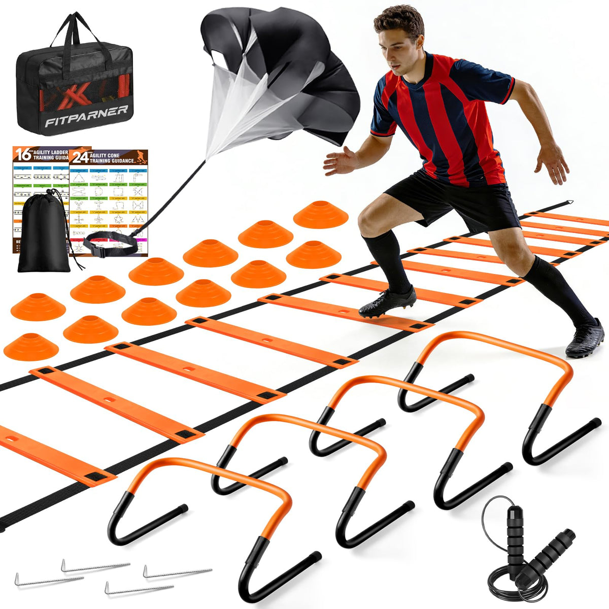 Agility Ladder,Soccer Training Equipment Set-20ft Speed Ladder,12 Soccer Cones,4 Hurdles,Jump Rope,Running Parachute,Basketball Football Agility Training Equipment for Kids, Youth, Adults (Blue)