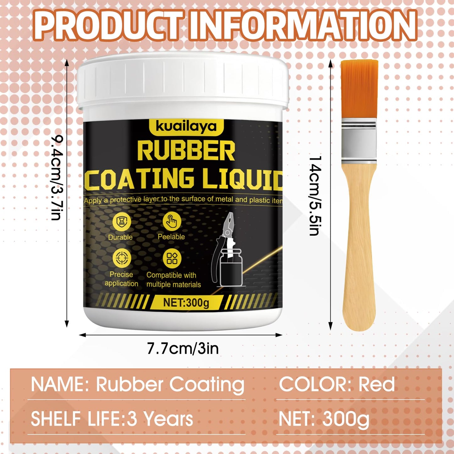 kuailaya Rubber Dip for Tools, Liquid Rubber Dip Tool Handle Dip Coating Effective Protection Slip Resistance Waterproof and Insulating Easy to Peel for Tool Protection, Creative DIY, Orange-red 300g