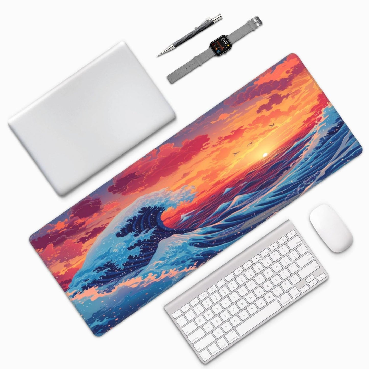 Gaming Mouse Pad Desk Pad,Extended Big Mouse Pad,31.5x11.8 Inch Long Computer Keyboard Mouse Mat Mousepad with 3mm Non-Slip Base and Stitched Edge for Gaming and Office⦠(Sunset Wave)