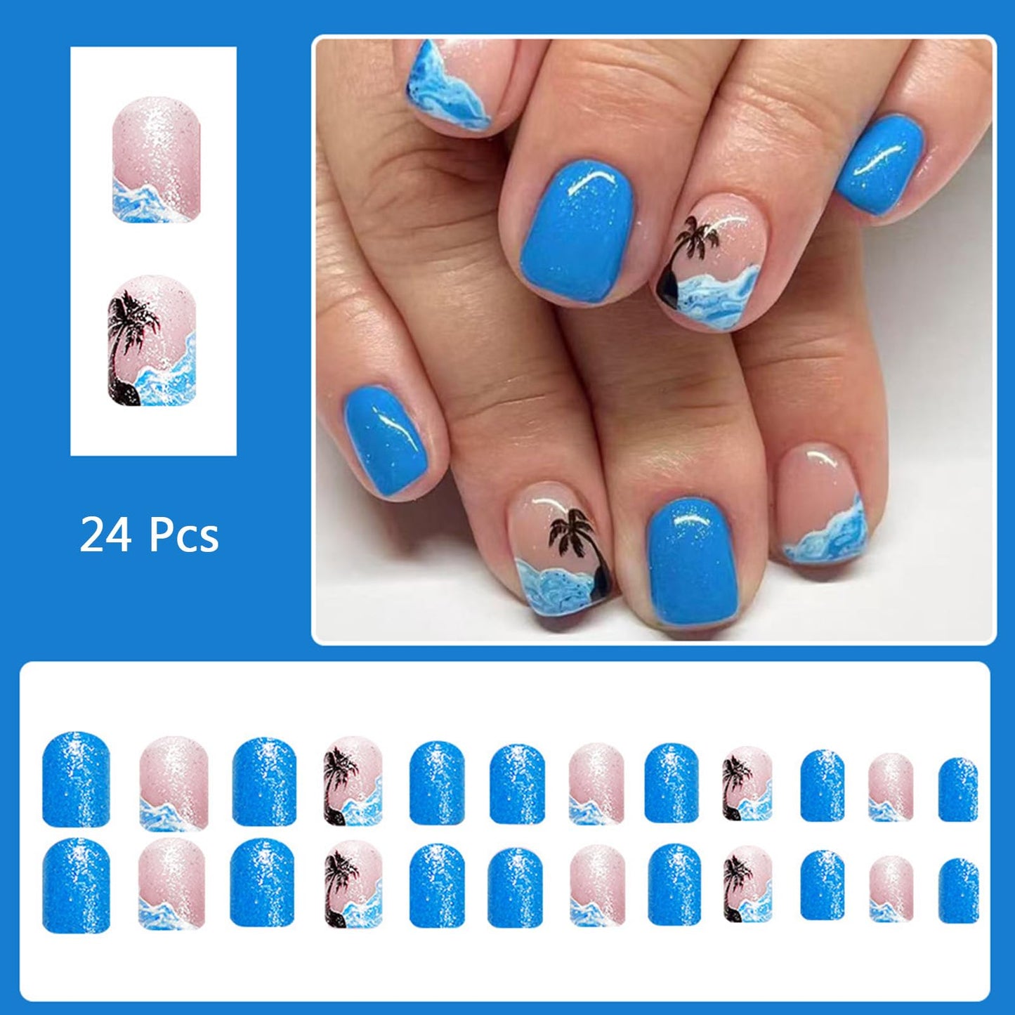 24Pcs Summer Press on Nails Short Square Fake Nails with Sea Wave Coconut Tree Design Acrylic Nails Blue Glitter Glue on Nails Reusable Stick on Nails for Women Spring Summer Nail Art