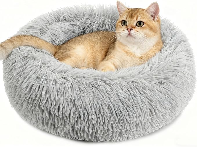 RAINFLOW Cat Bed Indoor Calming - Large Washable Plush Donut Bed for Cats