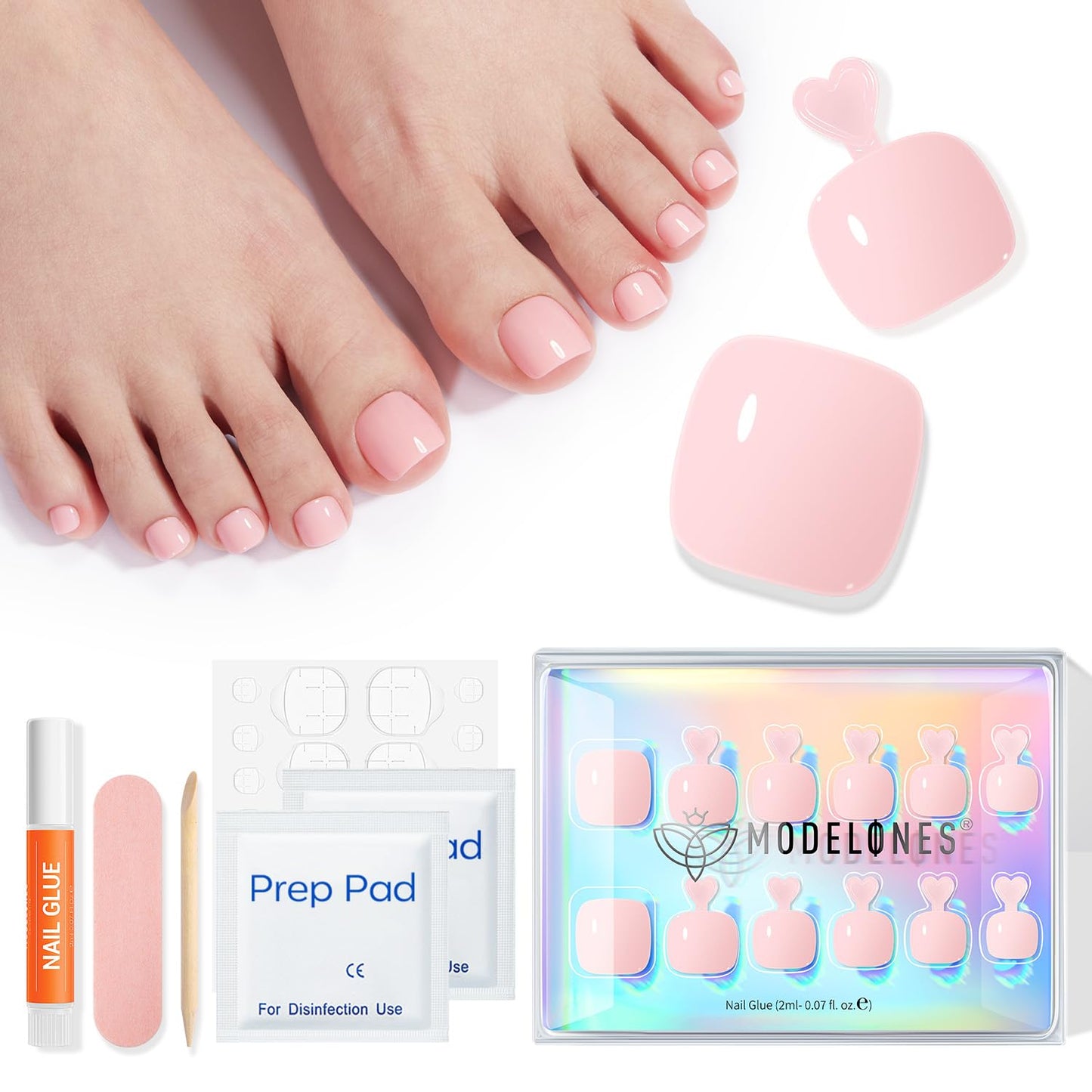 Modelones Press on Toenails Short, Soft Pink Toe Press on Nails Square, Reusable Nail Kit with Nail Glue Adhesive Tabs Mini Nail File, Toe Nails 36Pcs 18Sizes, Spring Summer Women Girl Gift