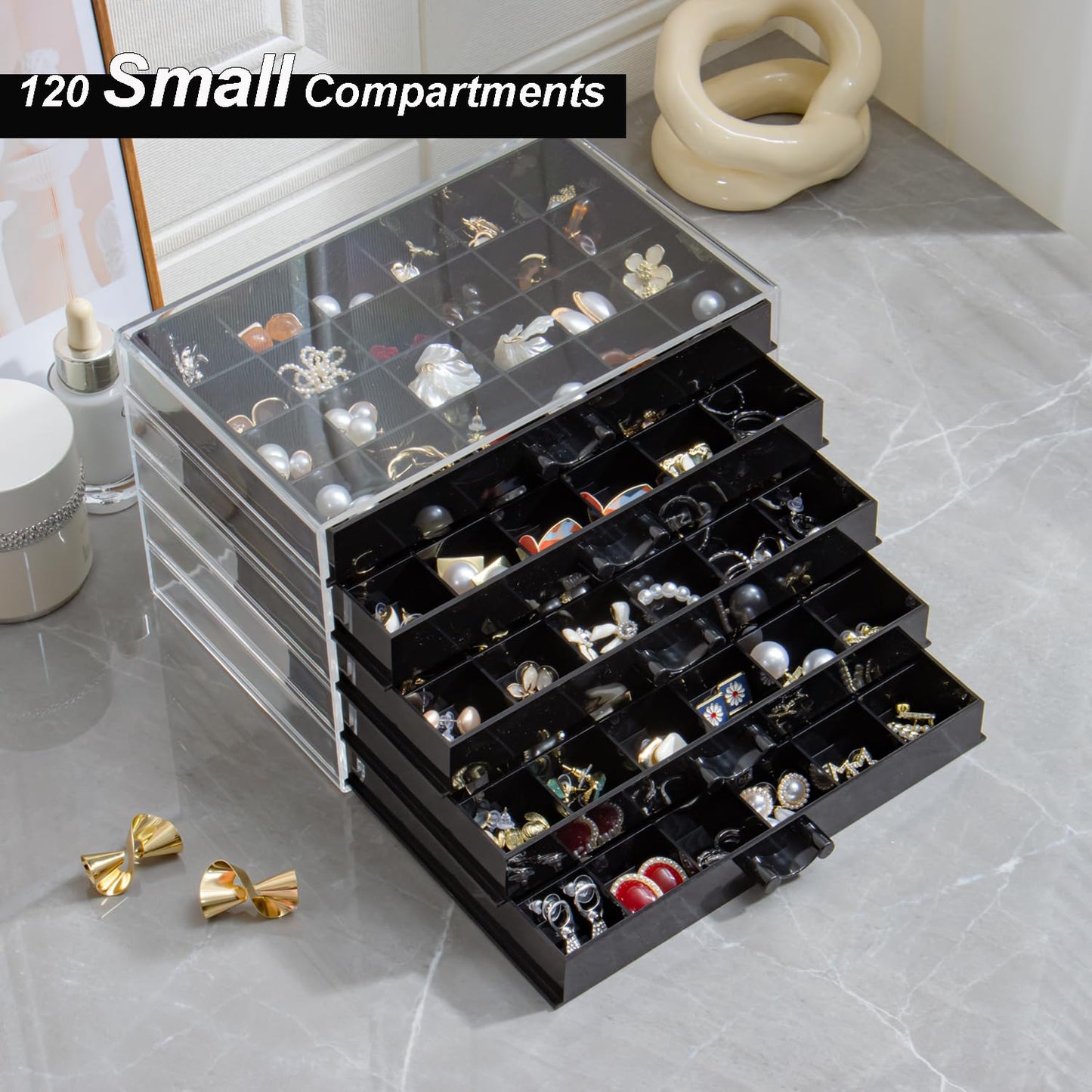 YUFONG Earring Storage Box Organizer, Acrylic Jewelry Storage Box Holder 5 Drawers Transparent Jewelry Display Stand with 120 Small Compartments Gift Boxes for Women Girls (Black)