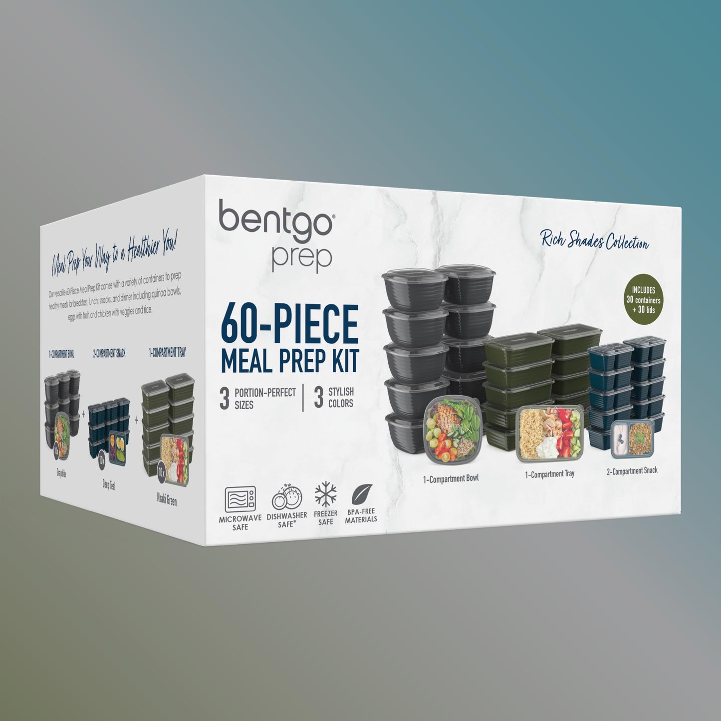 Bentgo Prep 60-Piece Variety Meal Prep Kit - Reusable PFAS & BPA-Free Food Containers 1-Compartment Trays, Prep Bowls, & Snack Boxes - Microwave, Freezer, & Dishwasher Safe (Rich Shades)