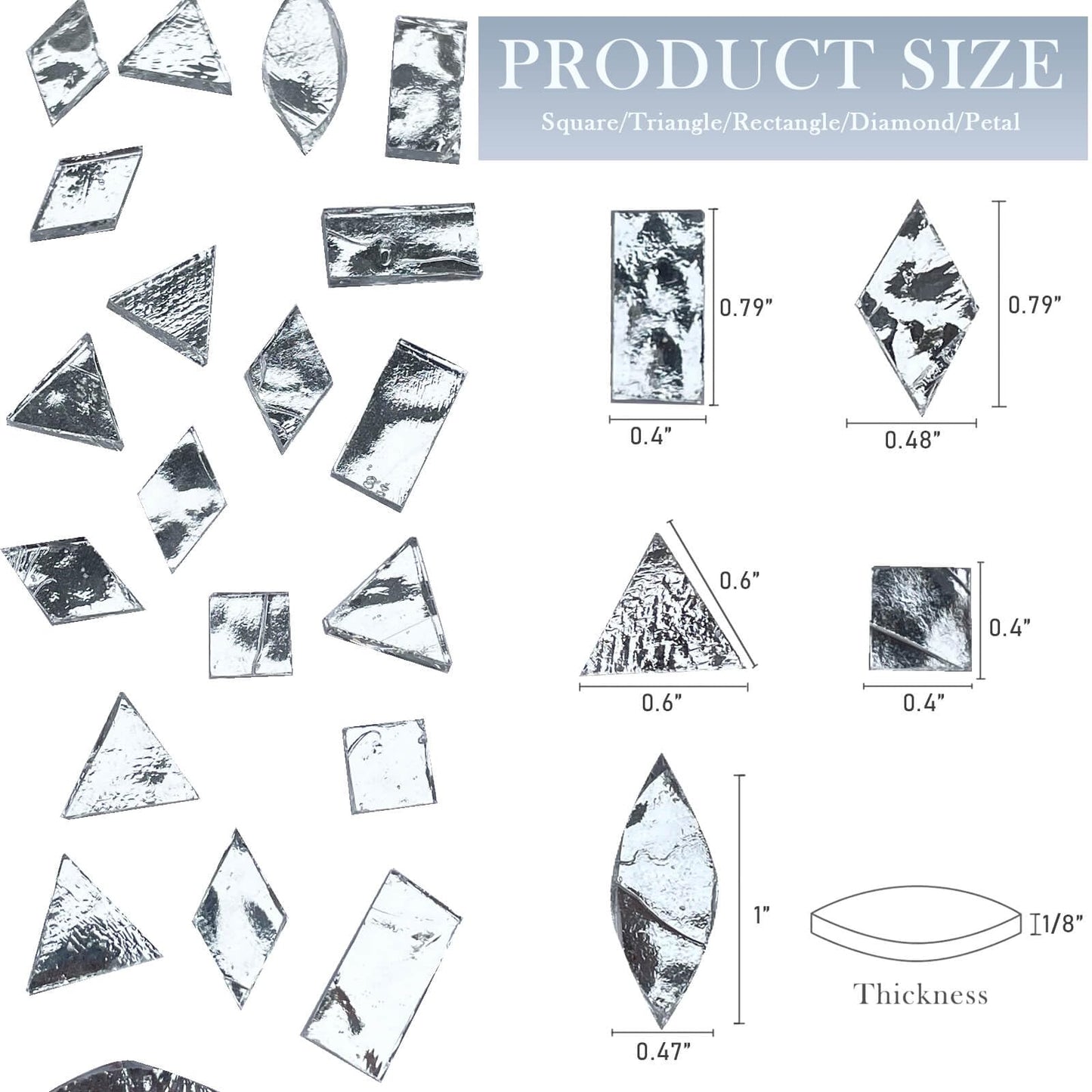 LITMIND Silver Stained Glass Mirror Mosaic Tiles with Black Backing - 240 Pieces in 5 Shapes (Rectangle, Triangle, Rhombus, Square, Leaf) Mixed Sizes for Crafts, Mosaic Projects & Home Décor