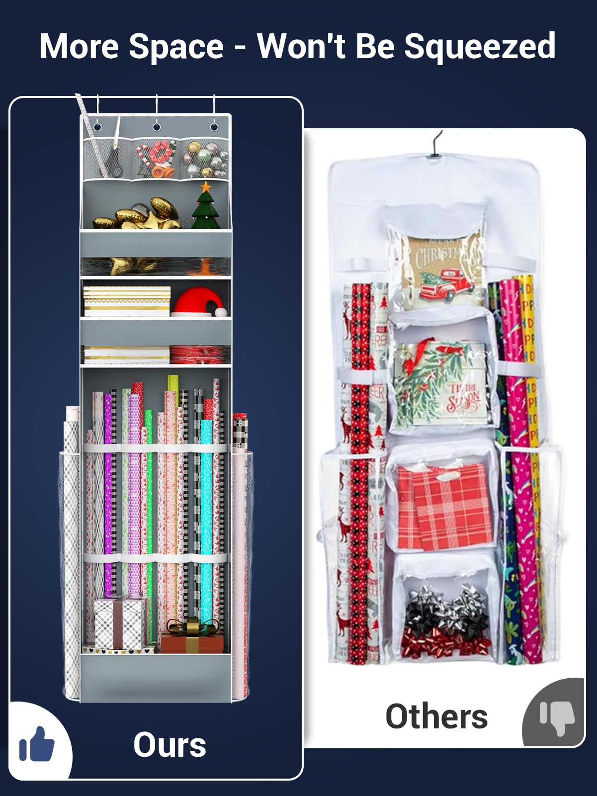 PHOTOONE Hanging Gift Wrapping Paper Storage, Christmas Wrapper Bag Container, Long Craft Roll Organizer, Present Wrap Holder for Closet, Door, Grey