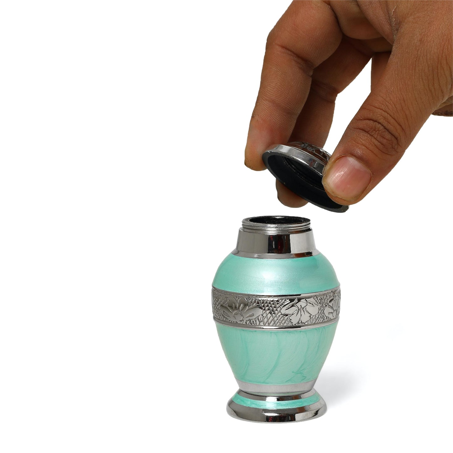 THE ASCENT MEMORIAL Azure Blue Engraved Small Keepsake Urn for Funeral Ashes Men Women | Ocean Blue Mini Cremation Urns for Human Remains | Velvet Carry Bag | Paper Funnel | Gift Box