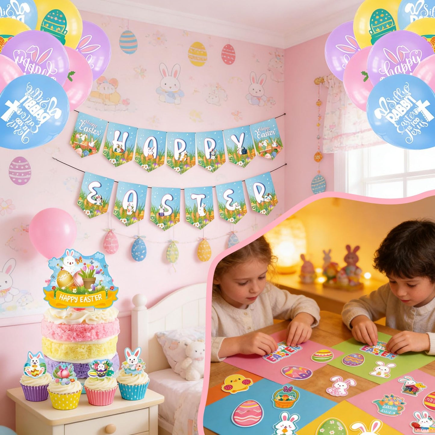 Favuit Happy Easter Party Decorations Kit, Easter Egg Bunny Party Supplies with Banner, Cake Topper, Cupcake Picks, Balloons, Stickers & Hanging Swirls for Home & Classroom