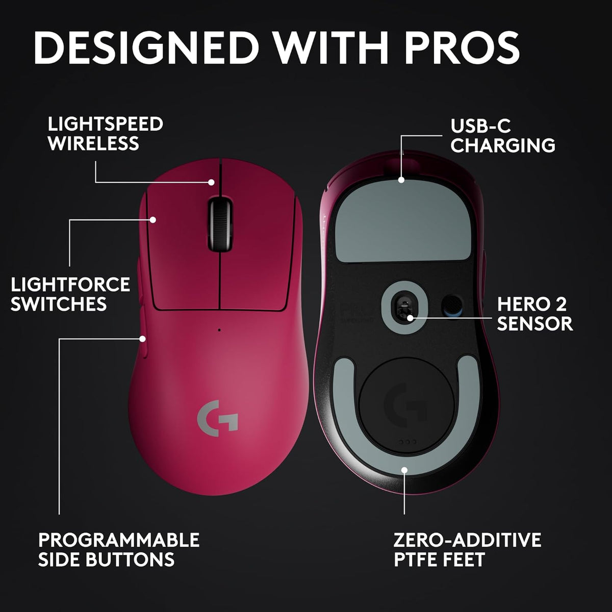Logitech G PRO X Superlight 2 DEX Wireless Gaming Mouse, 60g Pro-Grade with 5 Programmable Buttons, 44k DPI Sensor, 8kHz Report Rate, USB-C Charging for PC/Mac - Magenta