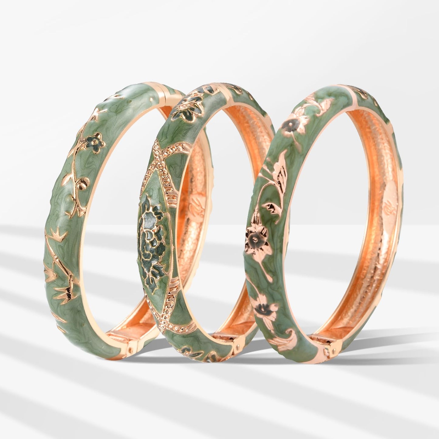 UJOY Womens Multi-Colors Cloisonne Bracelet Gold Plated Flower Enameled Hinged Cuff Bangles Jewelry Gift 55A-3PCS Green
