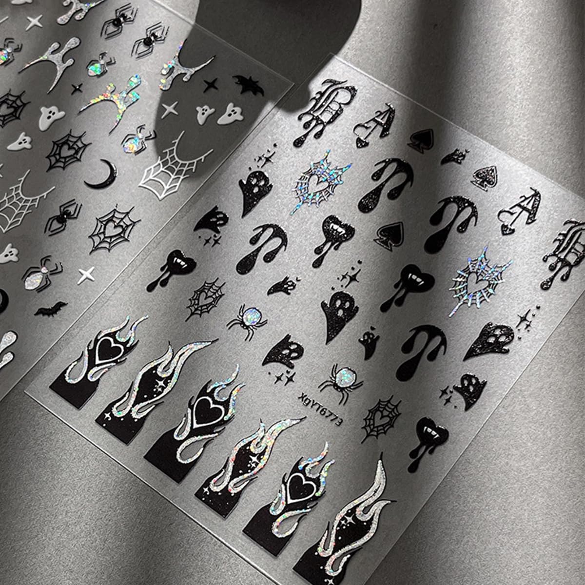 3 Sheets Halloween Nail Stickers Decals Gothic Ghost Nail Art Stickers Self-Adhesive Retro Dark Wind Flame Blood Nails Design Stickers 3D Goth Spider Web Nails Supplies for Women Nail Decorations