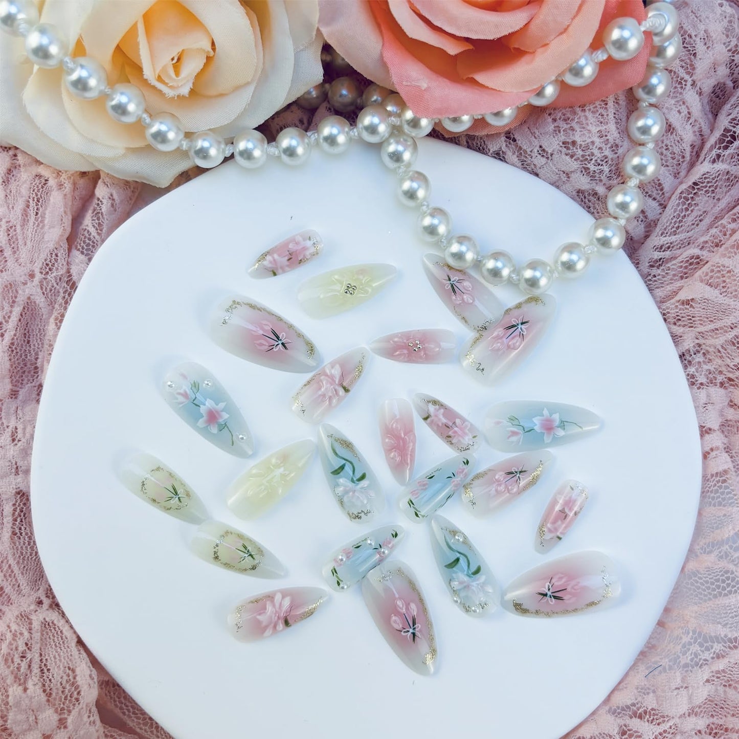 Mkwntg 24Pcs Gradient Press on Nails Medium Almond Fake Nails 3D Light Flower Blush Pearl Shimmer False Nails Pink Blue White Glue on Nails Reusable Acrylic Spring Floral Stick on Nail for Women