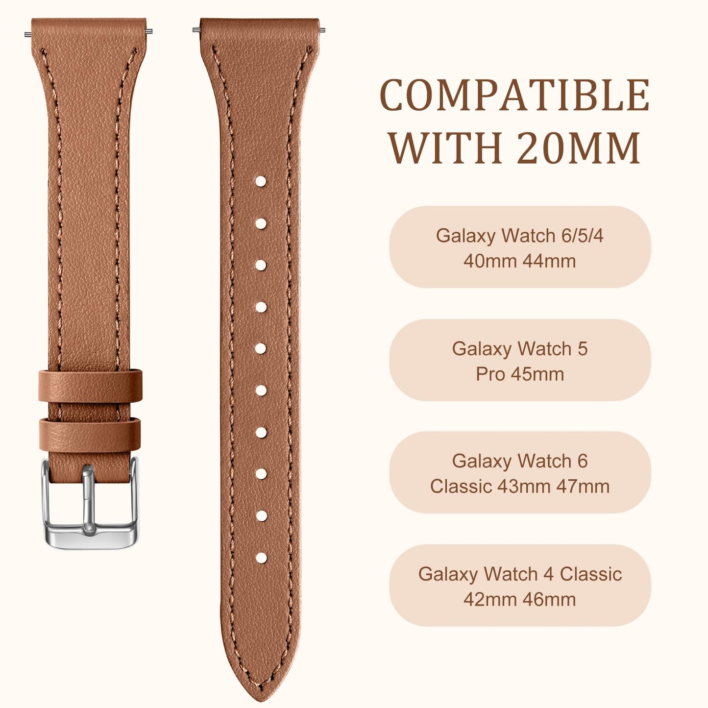 GEAK Slim Leather Band Compatible with Galaxy Watch 7 Band/6 5 4 FE 40mm 44mm/5 pro 45mm/Classic/Galaxy Active 2, 20mm Genuine Leather Strap with Quick Release Buckle for Samsung Watch Bands Women